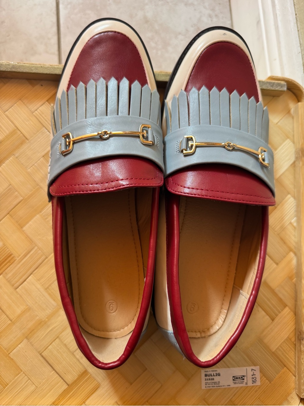 Two-Tone Red and Light Gray Loafers with Gold Bit